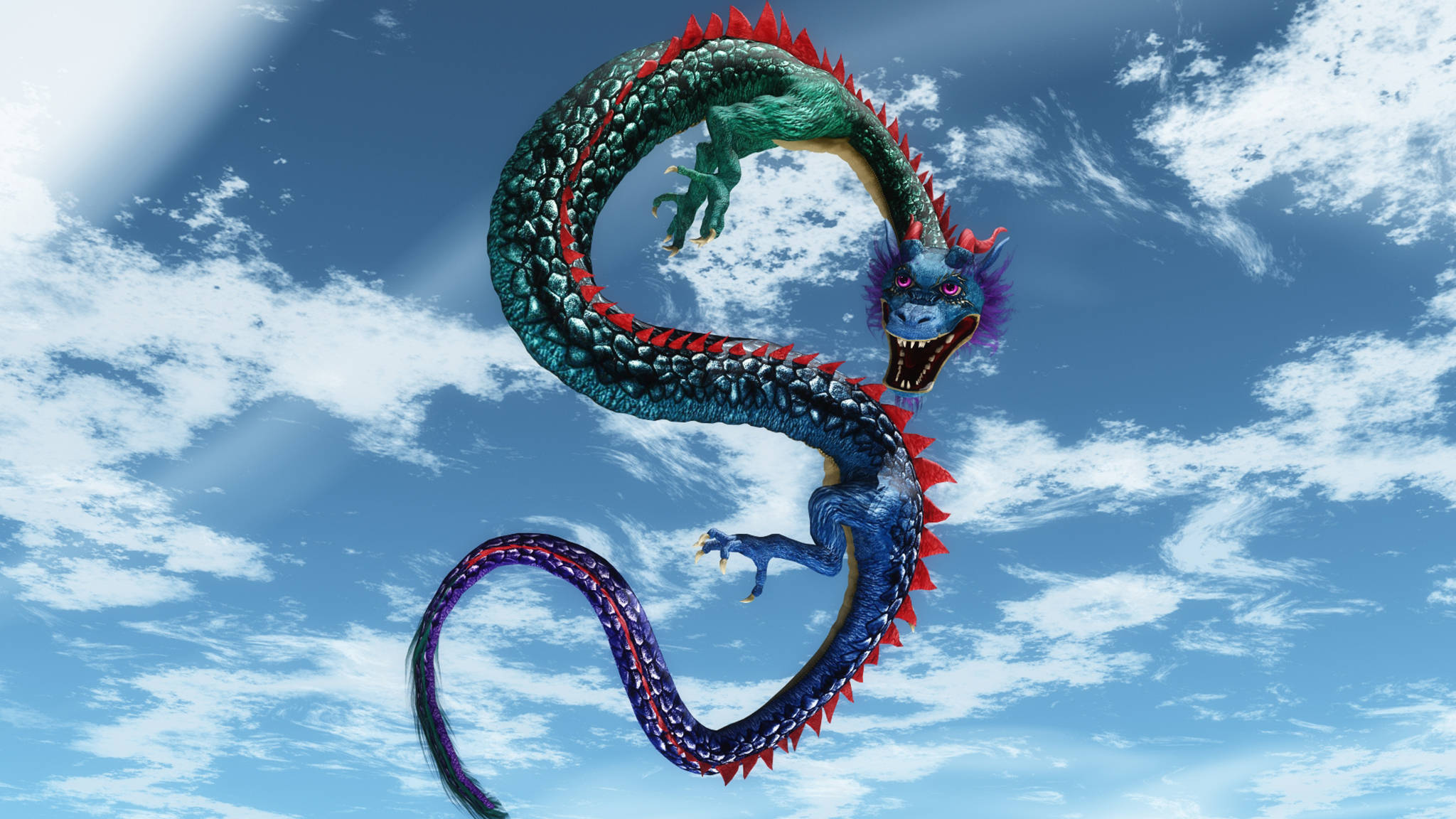 多彩東方龍 壁紙 — 一隻雄偉的藍綠色龍，帶有紅色尖刺，在點綴著蓬鬆白雲的明亮藍天中翱翔。