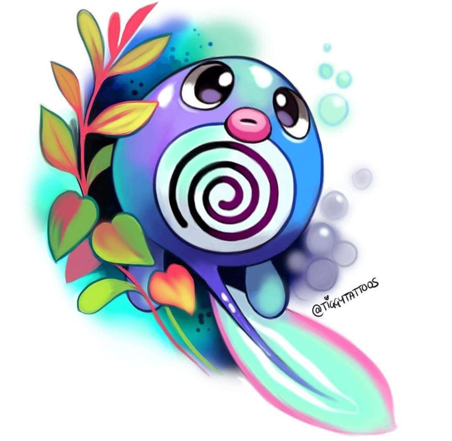 一條帶有螺旋圖案的卡通魚在樹葉和氣泡附近游動。