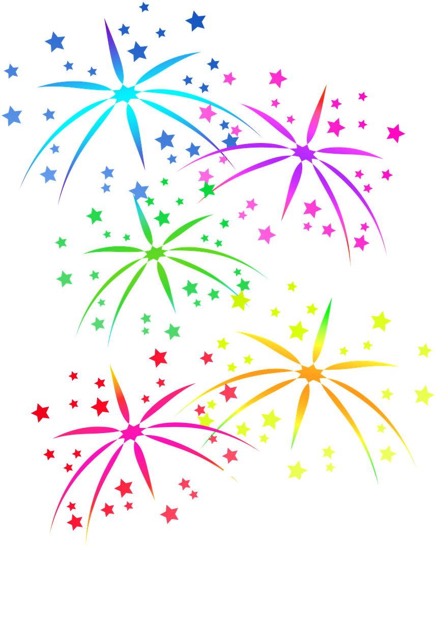 多彩煙火慶祝圖 壁紙 — 充滿活力的霓虹煙花在黑色背景上以星爆圖案爆炸，散落出五彩繽紛的火花。