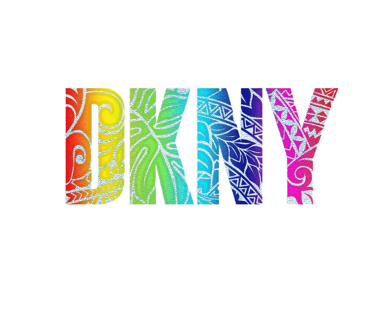 白色背景上帶有彩虹漸變和部落設計的 DKNY 標誌