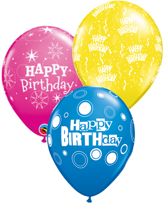 多彩生日快樂氣球 壁紙 — 三個色彩繽紛的生日氣球，粉紅色、黃色和藍色，帶有節日文字和圖案，漂浮在純色背景上。