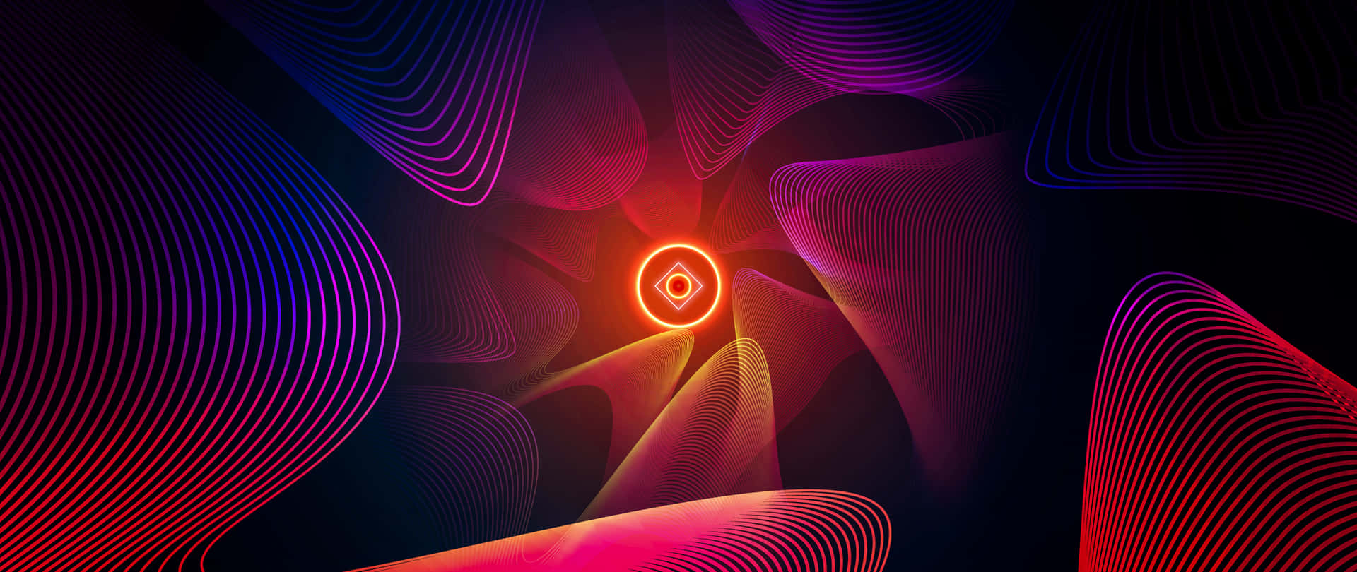 抽象數位藝術，發光的霓虹線條向中央的眼睛符號旋轉。