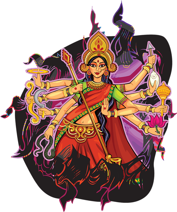 多彩的女神杜爾加插畫 壁紙 — 一幅充滿活力的插圖，描繪印度教女神杜爾迦（Durga）擁有十臂，手持武器和蓮花，背景為黑暗的宇宙。