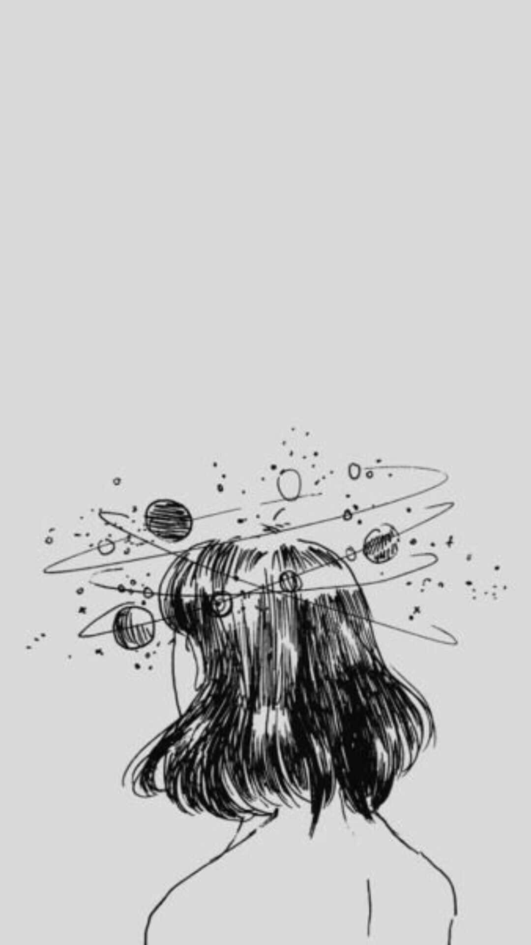 短髮的人頭頂上有旋轉的行星和星星星系。