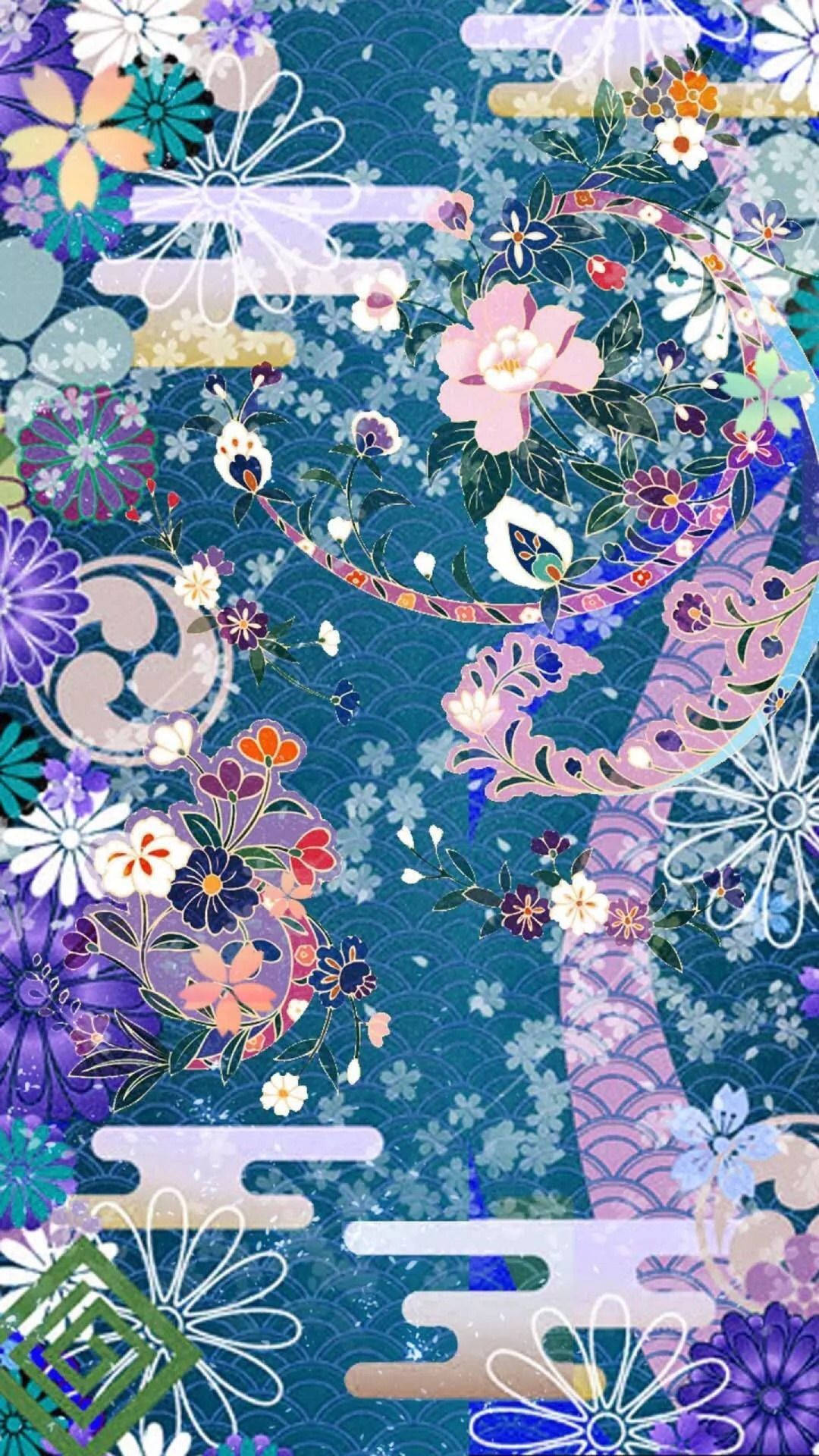 多彩花卉插畫 壁紙 — 鮮豔的花卉圖案在深藍色波浪背景上旋轉，構成細節豐富的日式插畫。