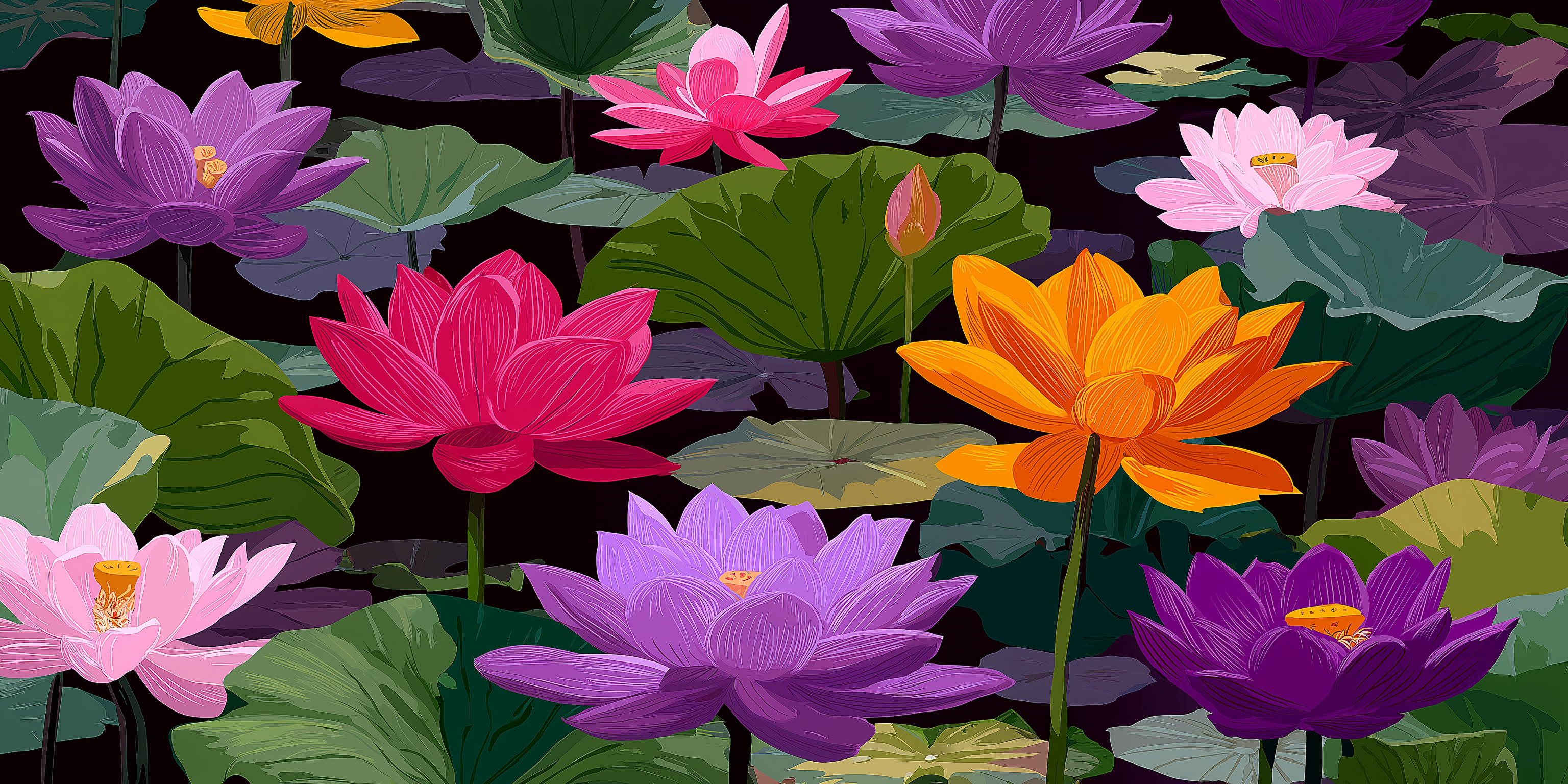多彩蓮花拼圖 壁紙 — 鮮豔的粉紅色、紫色和橙色蓮花在深色背景中，於大片綠色睡蓮葉間盛開。