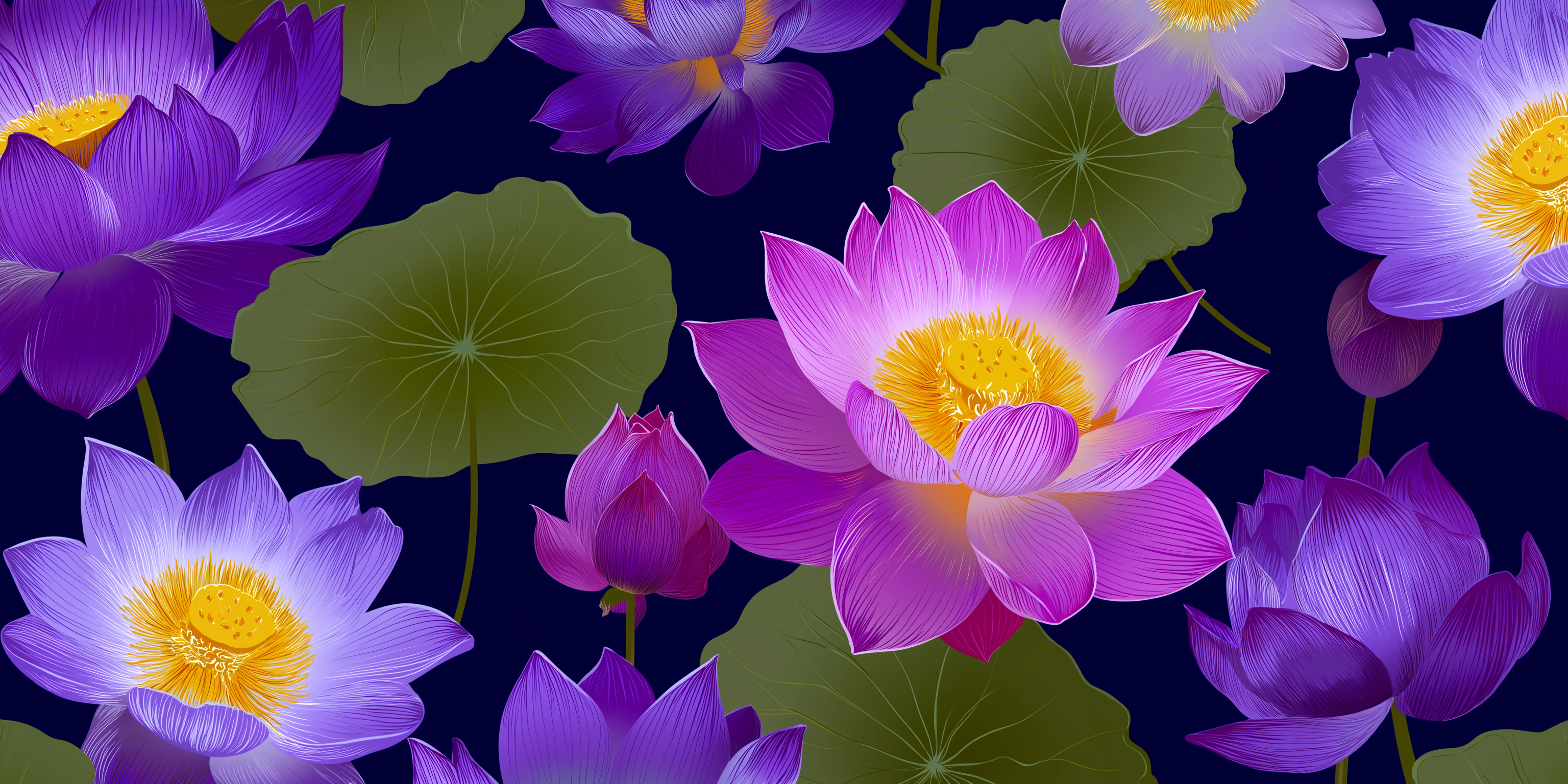 多彩蓮花拼圖 壁紙 — 充滿活力的紫色蓮花，金色花心，在深藍色背景上，於綠色荷葉間盛開。