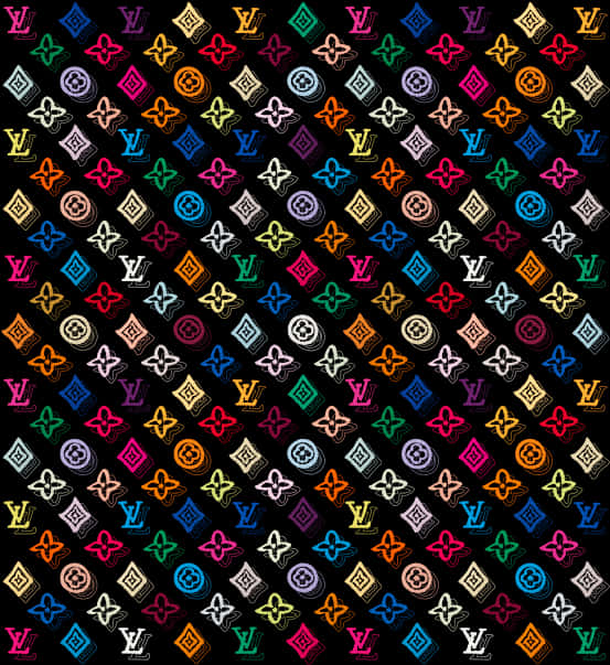 多彩路易威登圖案 壁紙 — 充滿活力的霓虹 Louis Vuitton 字母組合標誌在黑色背景上以彩色網格重複。