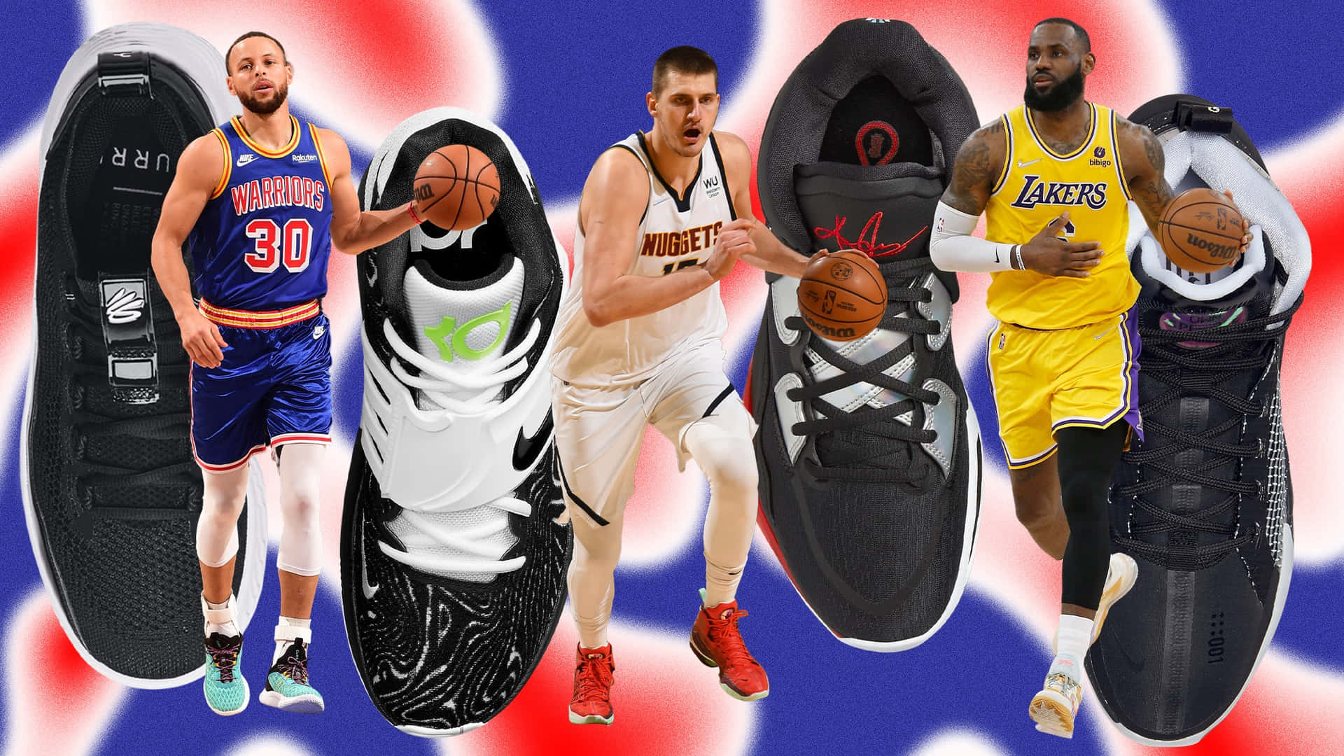 NBA籃球運動員在愛國背景上與巨型運動鞋一起行動。