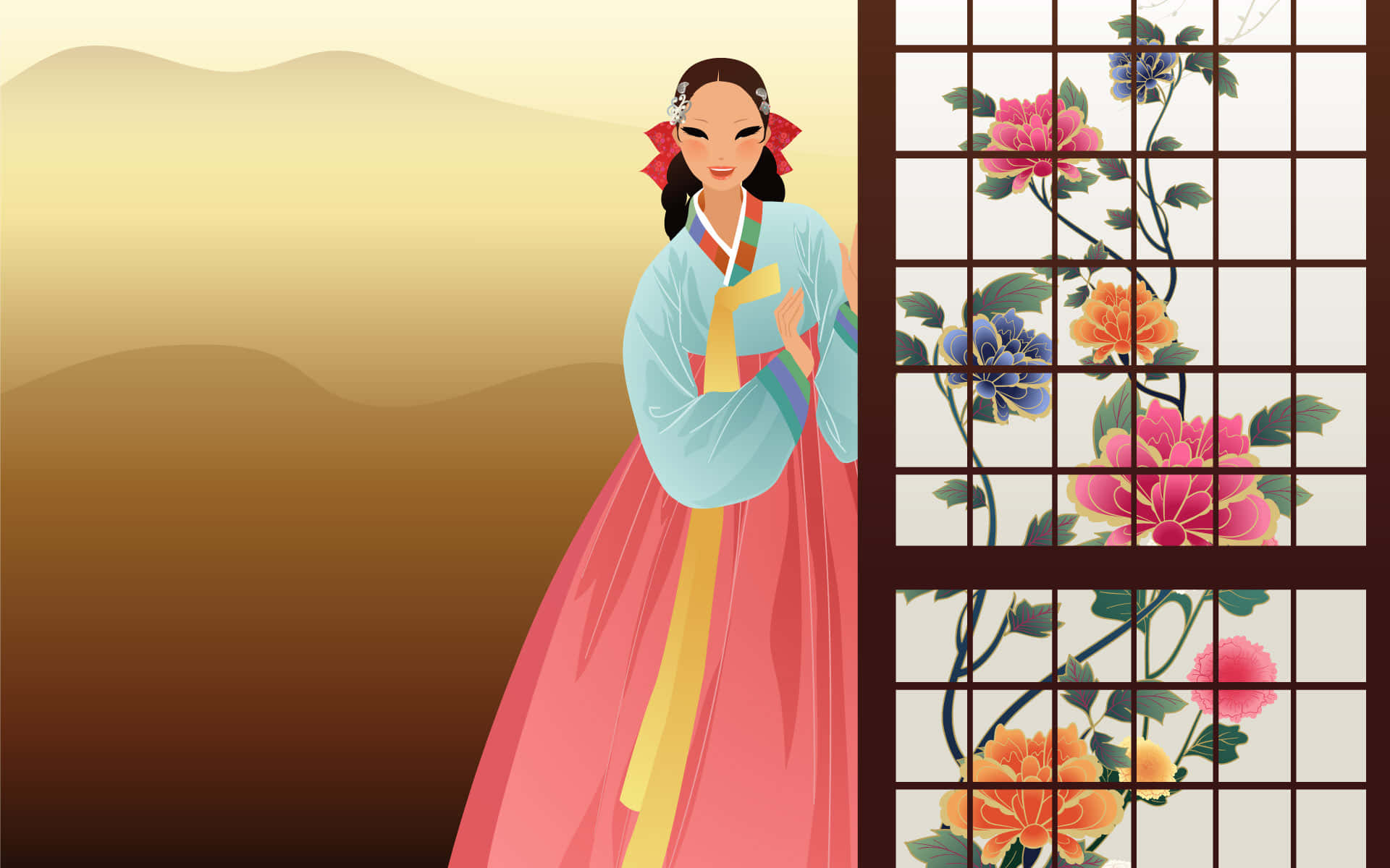 身穿傳統韓國韓服的女士站在花卉格子屏風旁