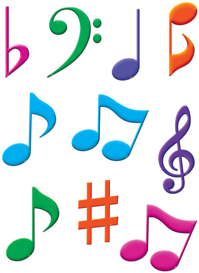 多彩音樂符號集 壁紙 — 色彩繽紛的音樂符號和標誌在純黑色背景上以俏皮的卡通風格漂浮。