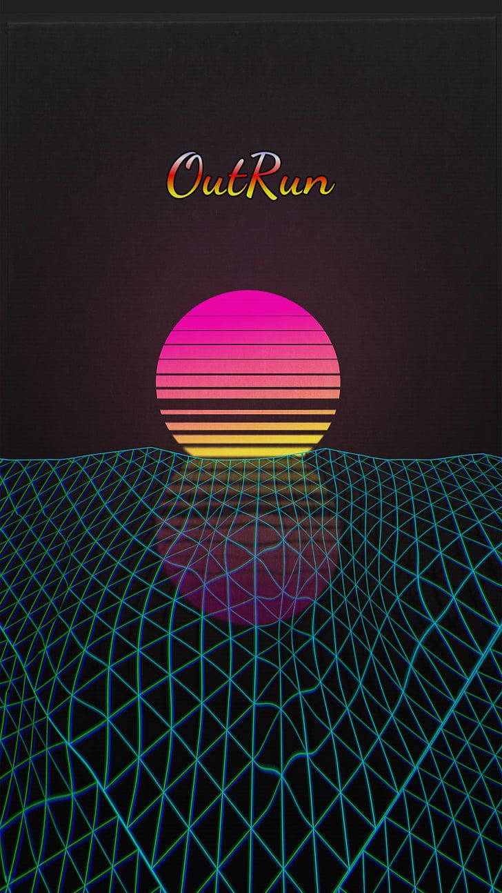 帶有霓虹網格和「OutRun」文字的蒸氣波日落。