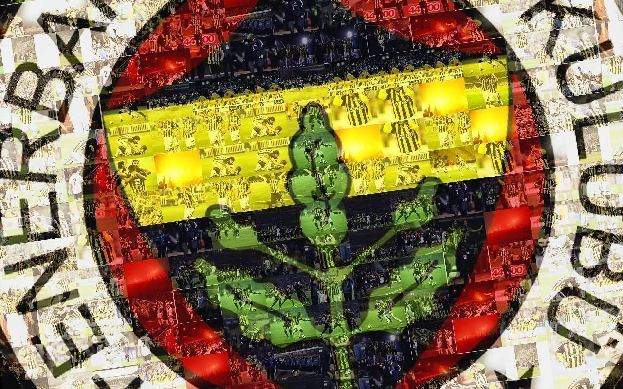 球場人群馬賽克形成一個帶有塗鴉文字的綠色和黃色徽章。