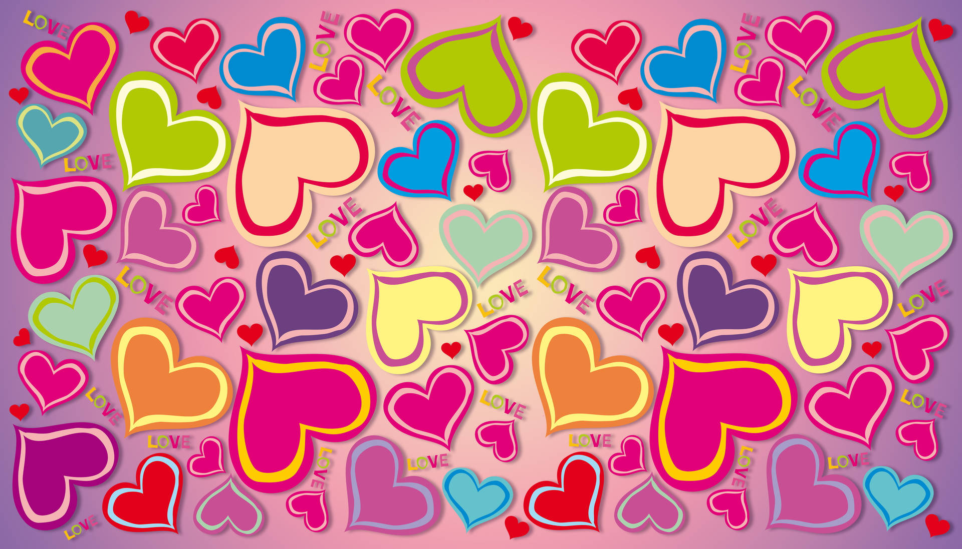 一個由多色心形組成的歡樂圖案，部分心形內有love字樣。