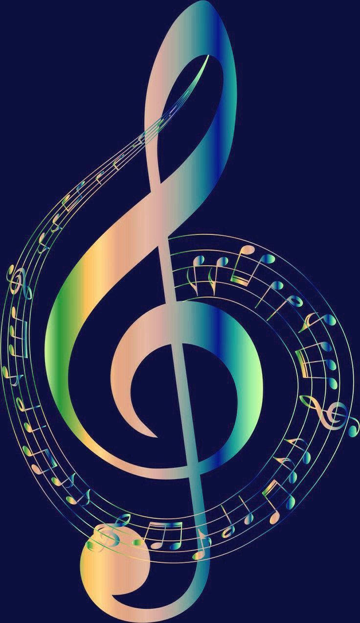 一個發光的音樂高音譜號，音符在深藍色背景上以彩虹色調旋轉。