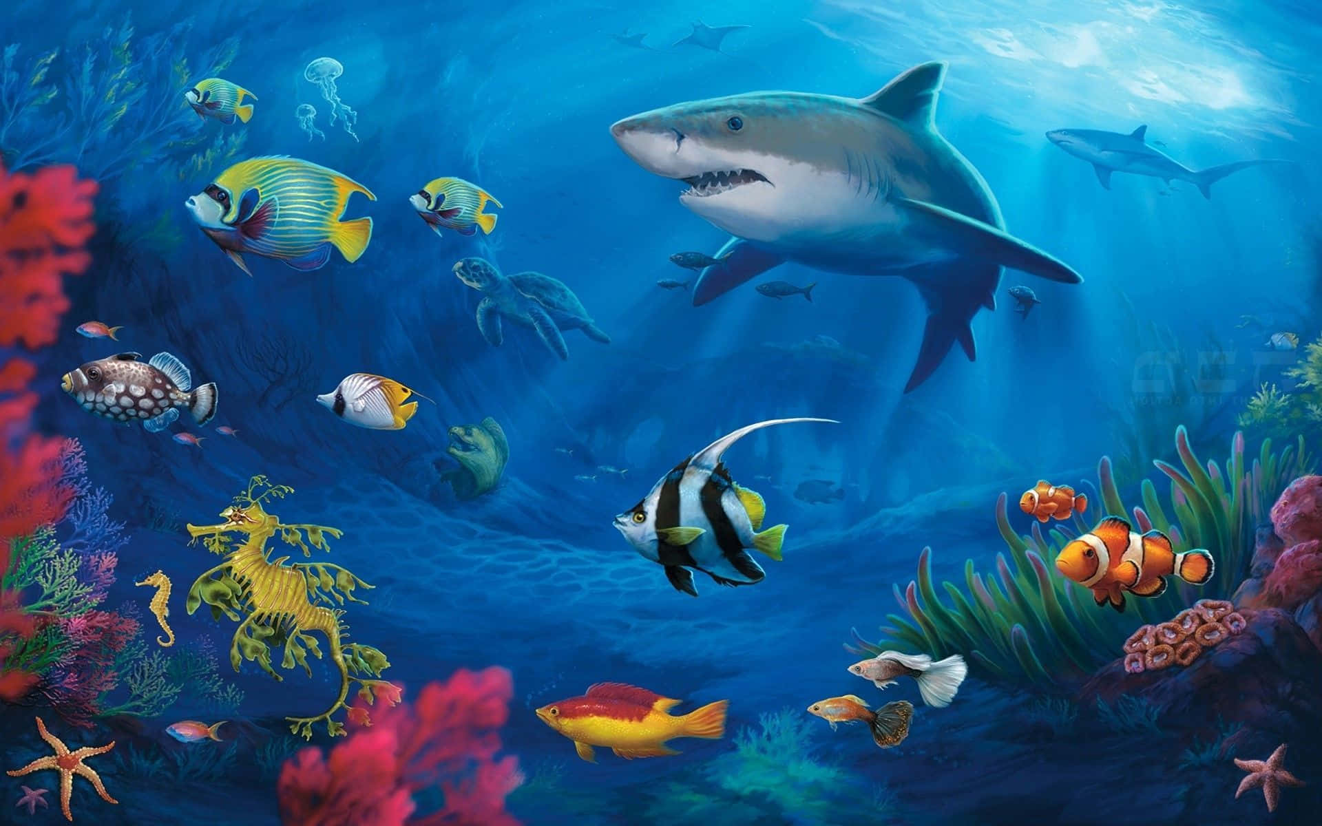 藍色海洋中充滿鯊魚、魚類和珊瑚的活力海底場景。