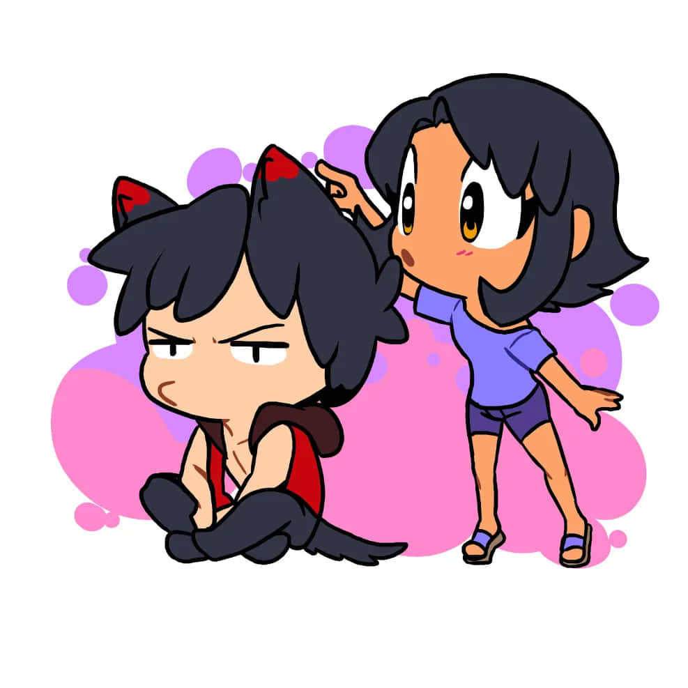 Chibi動漫女仔摸住唔開心貓耳男仔嘅頭，後面有粉紅紫色泡泡。