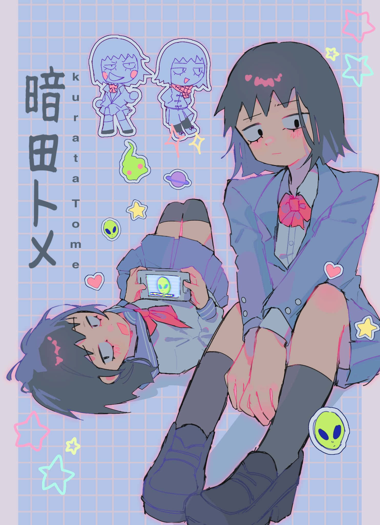 多摩庫拉塔：奇幻魔法世界 壁紙 — 兩個穿著校服嘅動漫女仔喺一個格仔背景上放鬆，周圍有外星人貼紙同星星。