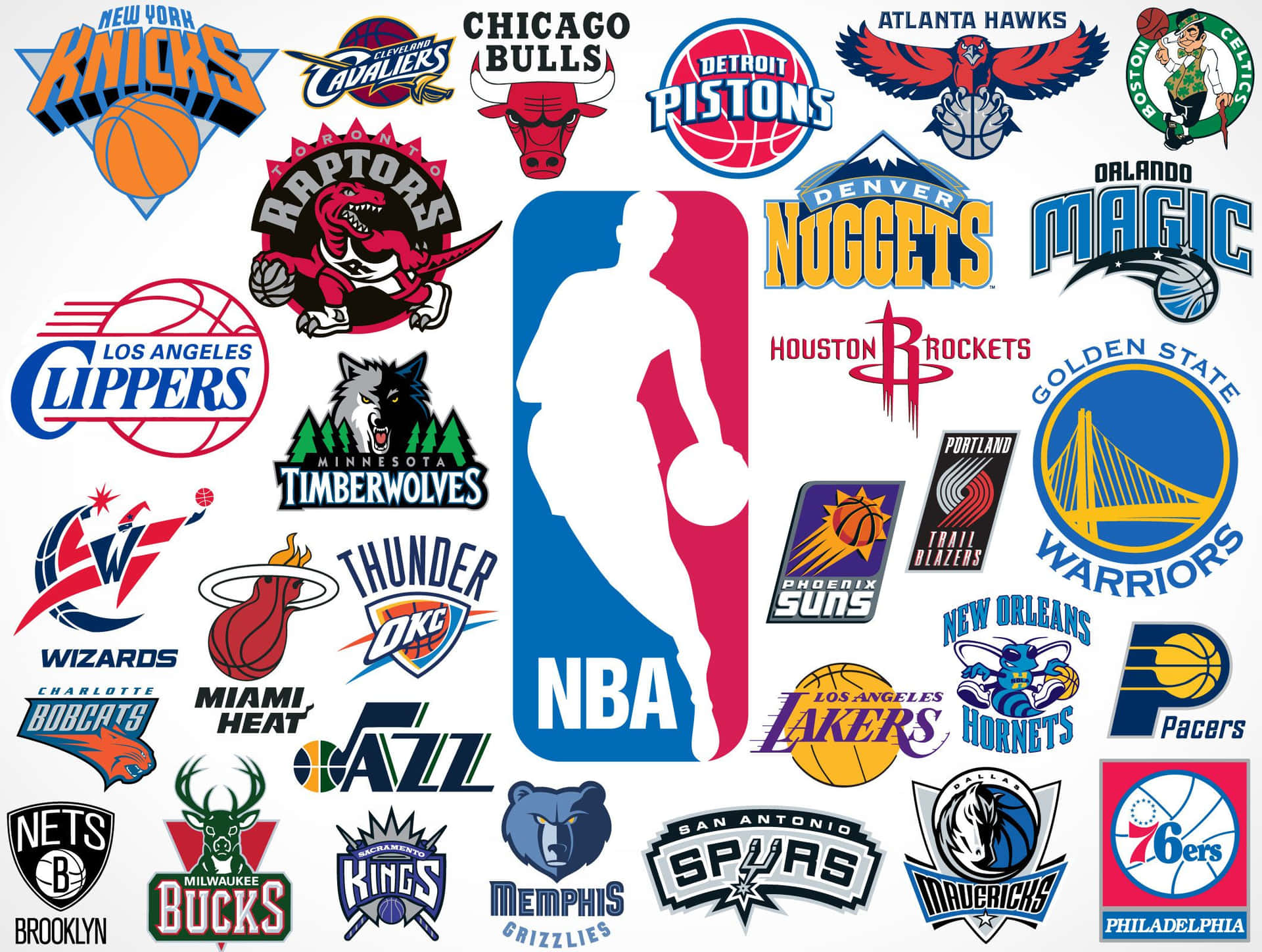 圍繞中央NBA剪影排列的NBA球隊標誌集合。