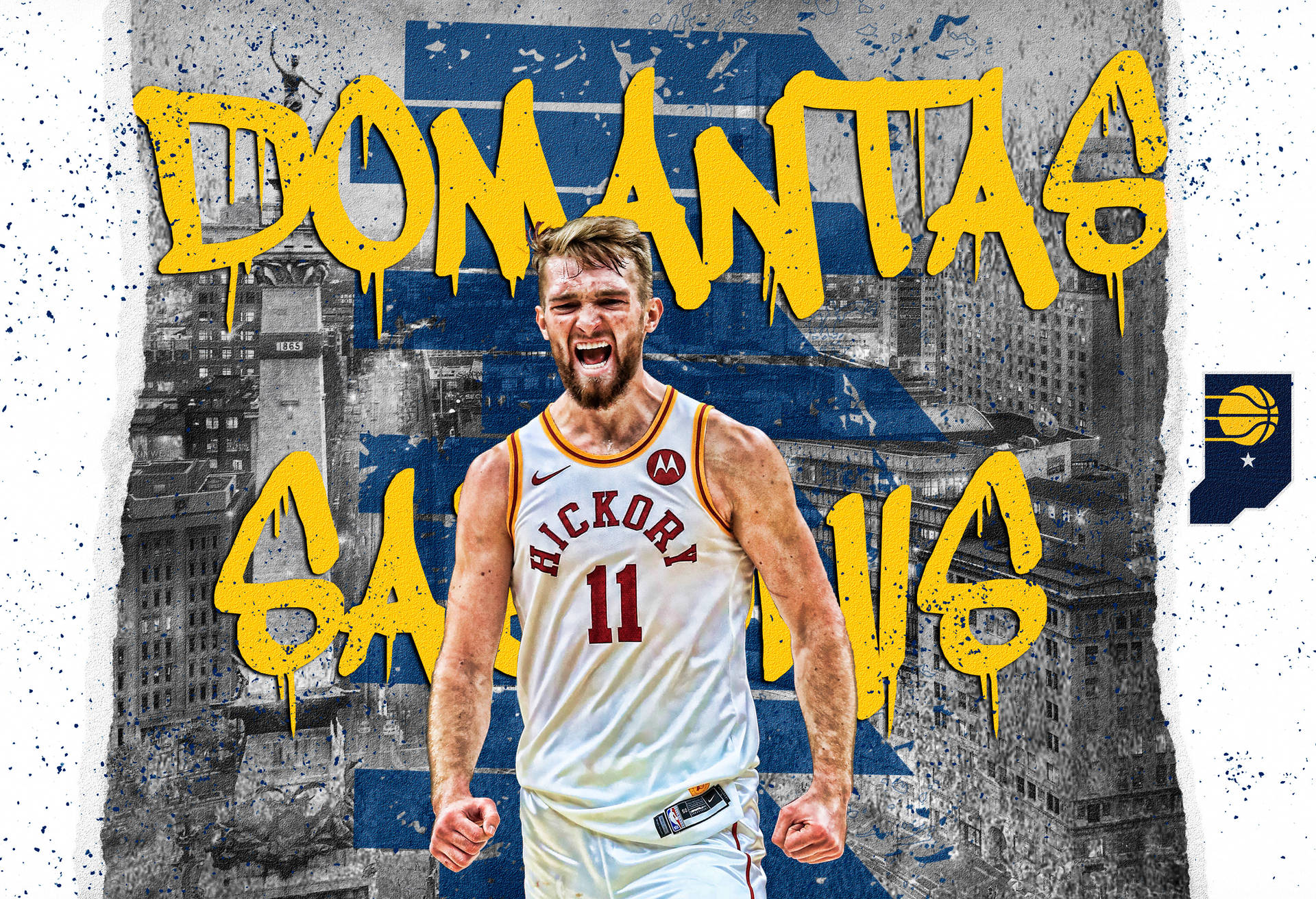 籃球運動員 Domantas Sabonis 身穿白色球衣，在城市塗鴉背景下握緊拳頭咆哮。