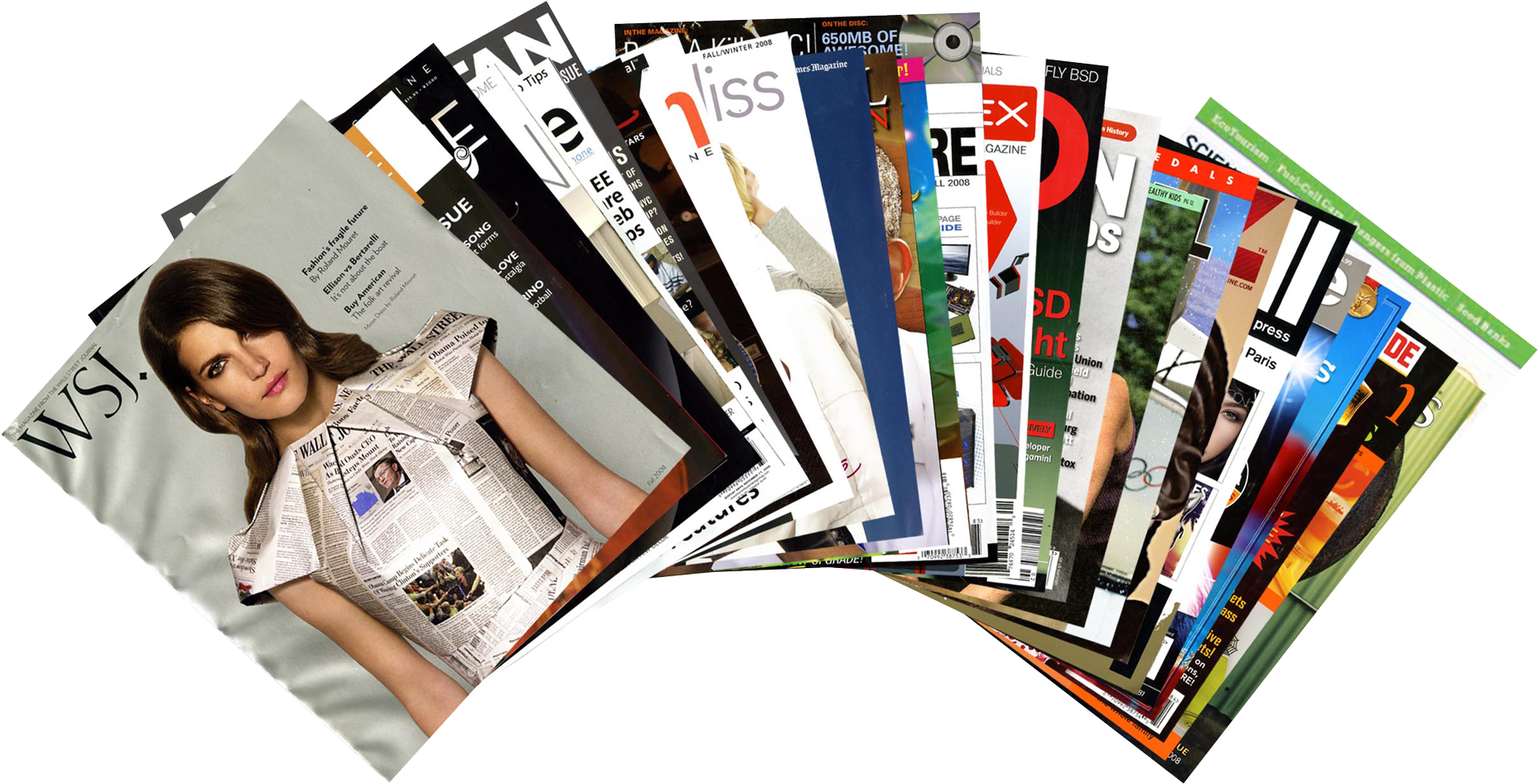 多本雜誌封面集合 壁紙 — 一組展開成扇形的光面雜誌，封面大膽，模特多樣，背景為純黑色。