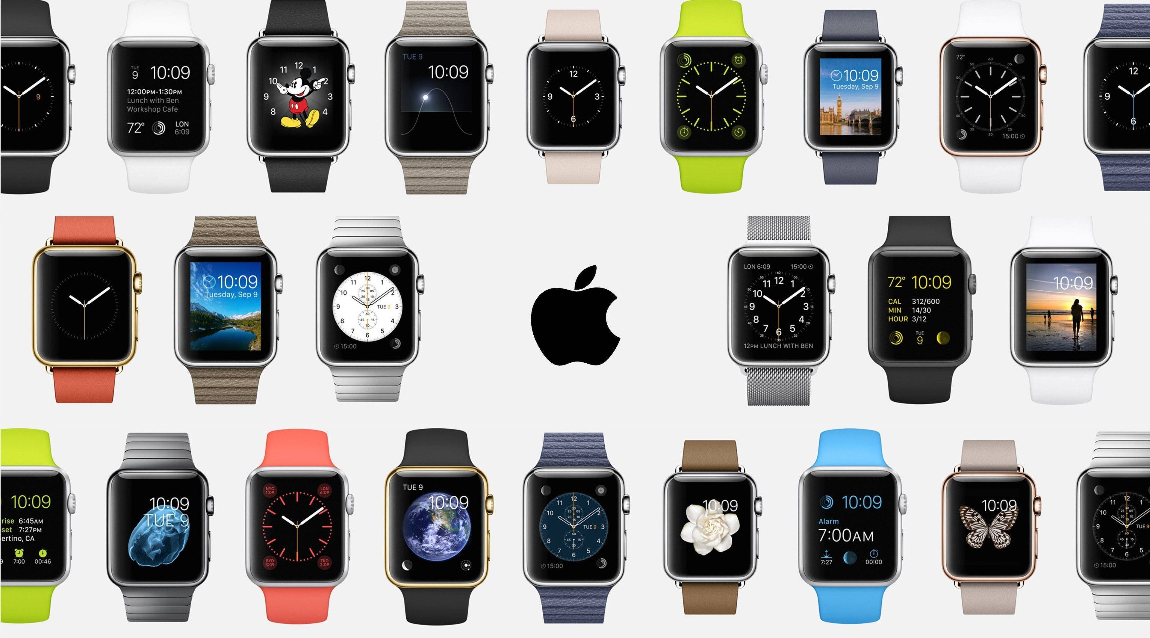 多款 Apple Watch 系列 壁紙 — Apple Watch 型號網格，展示多種錶面和色彩繽紛的錶帶，背景為純白色。