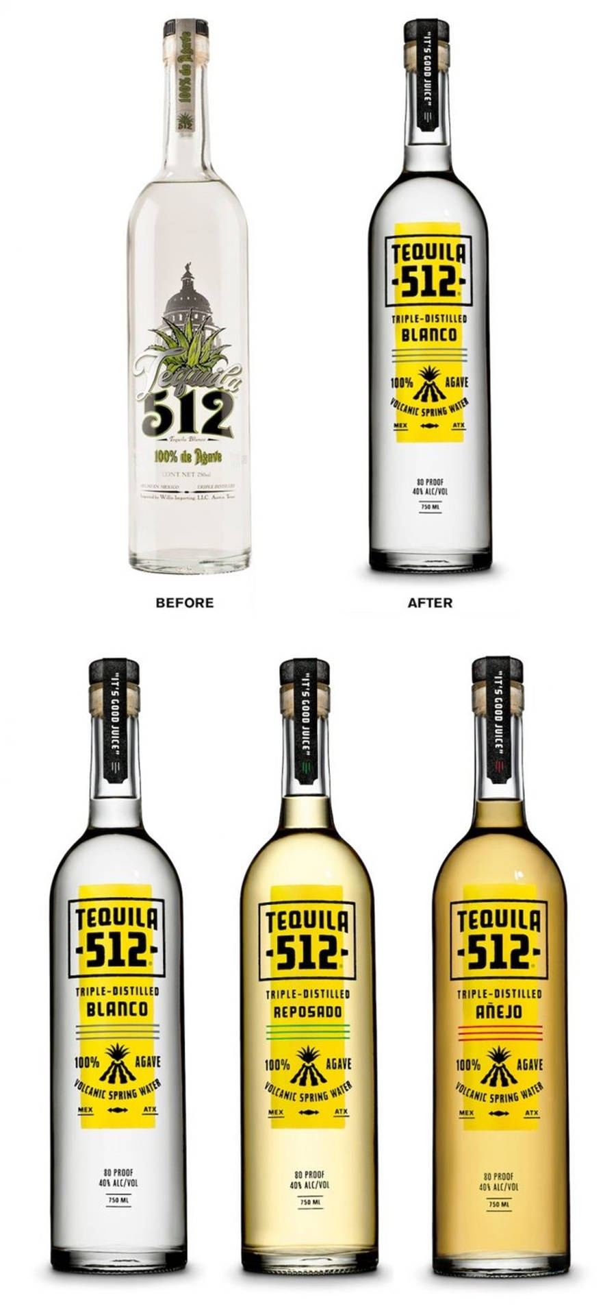 Tequila 512 酒瓶重新設計比較，顯示新舊標籤設計。