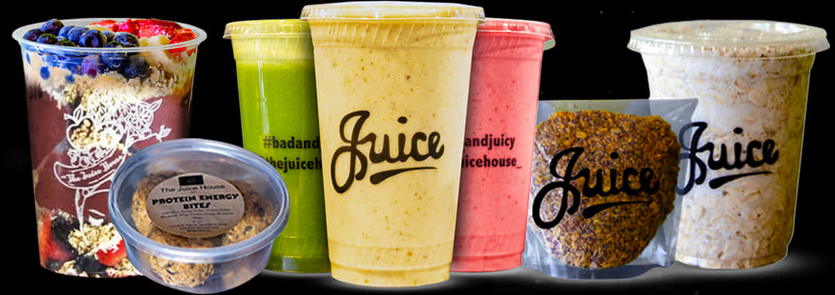 多款冰沙與健康零食 壁紙 — Juice Juice House 的鮮豔多彩冰沙和蛋白小食系列，以黑色背景展示。