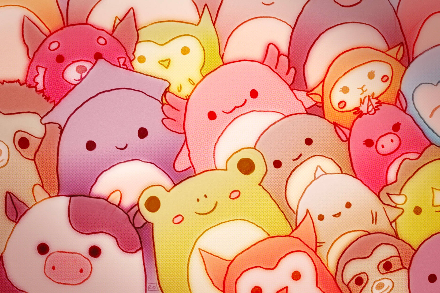 多款卡通Squishmallows 壁紙 — 一群色彩鮮豔的可愛卡通動物，帶有柔和粉彩顏色和簡單的笑臉。