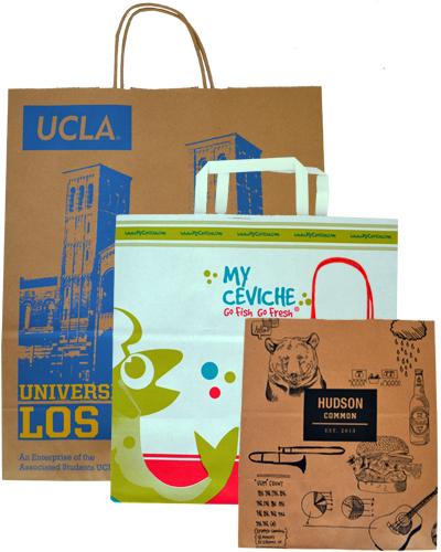 多款品牌購物袋 壁紙 — 三個帶有UCLA、My Ceviche和Hudson Common標誌的品牌購物袋，展示在純色背景上。