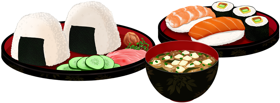 多款壽司選擇 壁紙 — 一個充滿活力的插圖展示日本料理，包括飯糰、壽司、刺身和味噌湯，放在裝飾盤上。