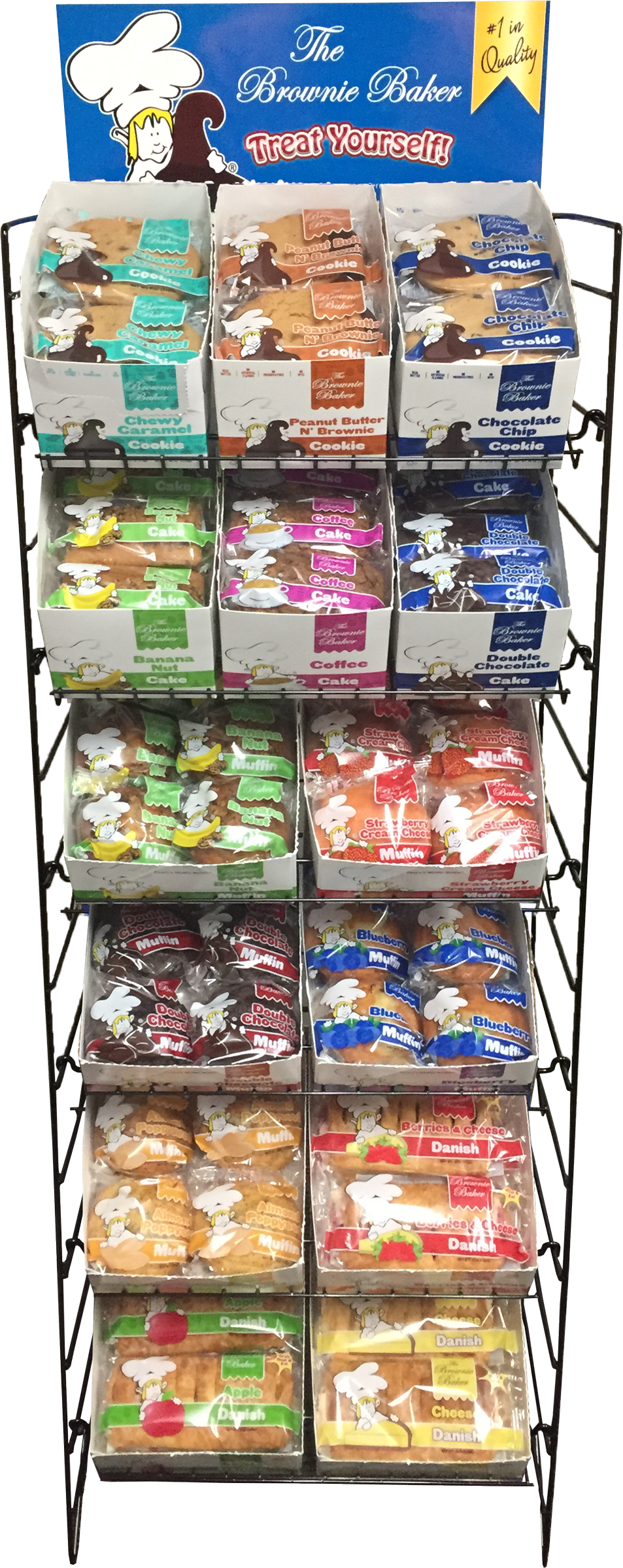 多款布朗尼烘焙甜點展示架 壁紙 — 一個黑色金屬架上陳列著各種包裝好的曲奇和烘焙食品，上方有藍色「The Brownie Baker」標誌。