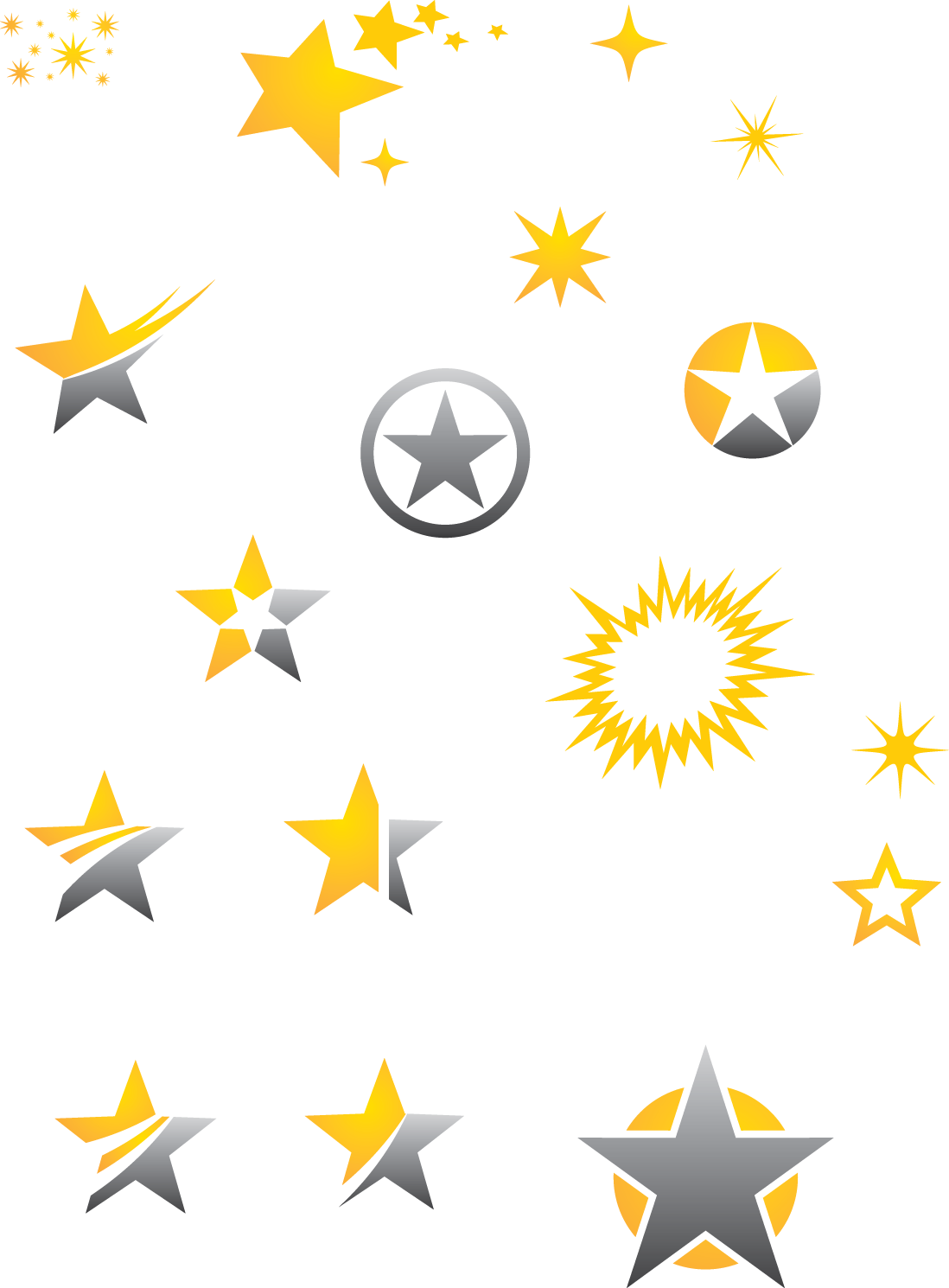 多款星形設計元素 壁紙 — 一系列風格化的黃色和銀色星星，以各種設計散落在白色背景上。
