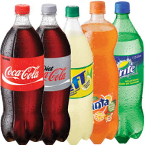 多款軟飲料瓶 壁紙 — 五瓶冰凍汽水包括可口可樂、健怡可樂、雪碧、芬達和橙汁汽水並排站立，帶有冷凝水滴。