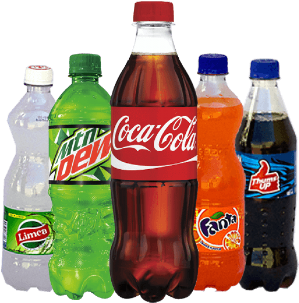 多款軟飲料瓶組合 壁紙 — 五款色彩繽紛的汽水樽，包括可口可樂、Mountain Dew、芬達和Thums Up，排列在黑色背景上。