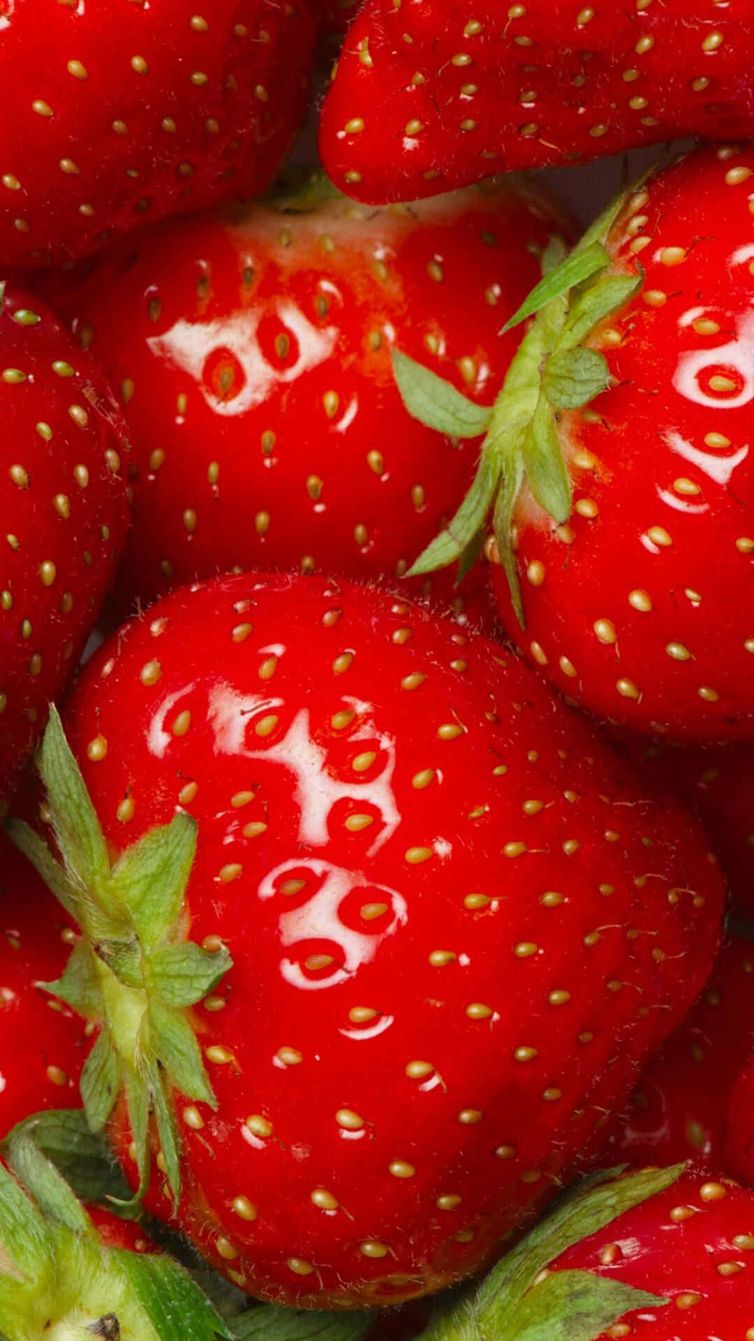 Red Strawberry 桌布 壁紙 — 多汁成熟的草莓在明亮光線下閃爍著露珠和細小種子。