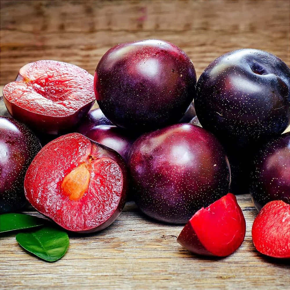 Red Plum 桌布 壁紙 — 多汁的深紫色布冧，帶有鮮紅色的果肉和綠葉，放在質樸的木質表面上。