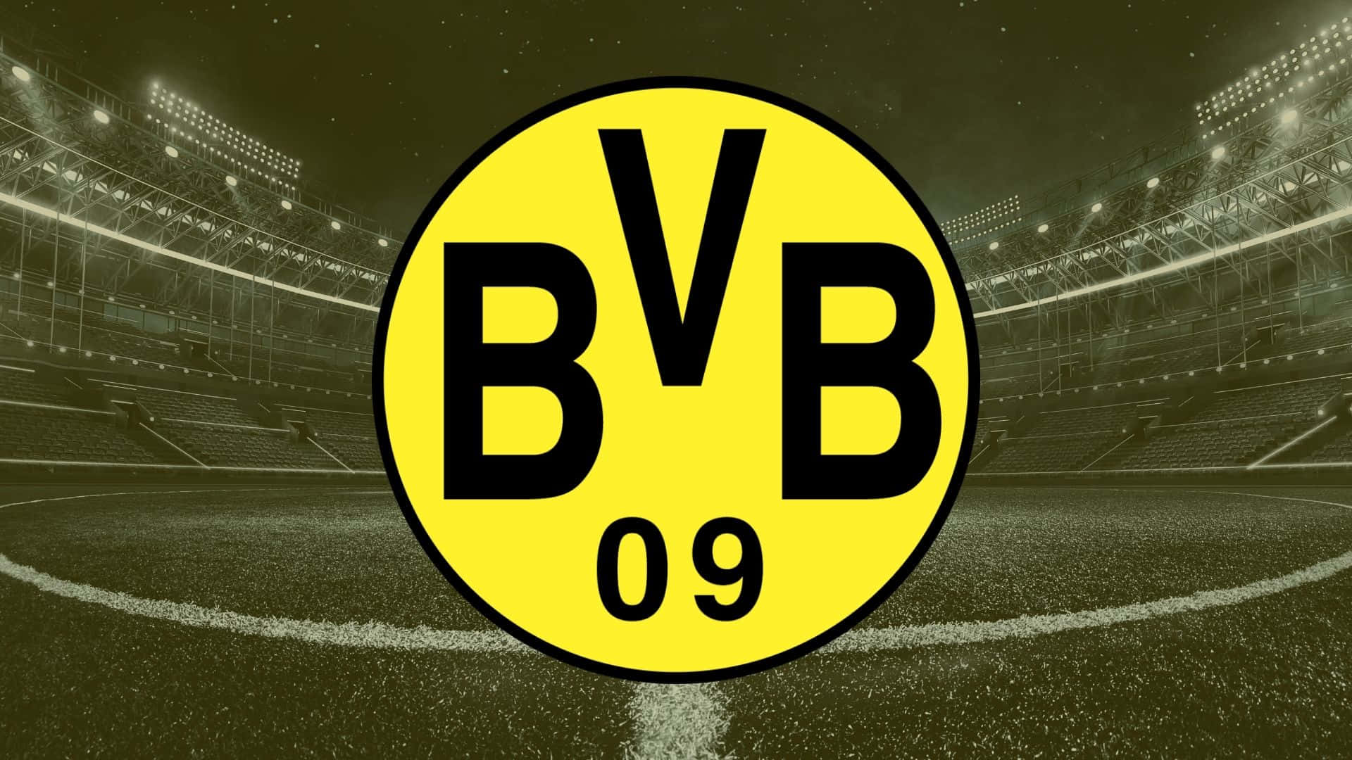 BVB 09 足球會標誌在夜晚空蕩蕩的球場中央。
