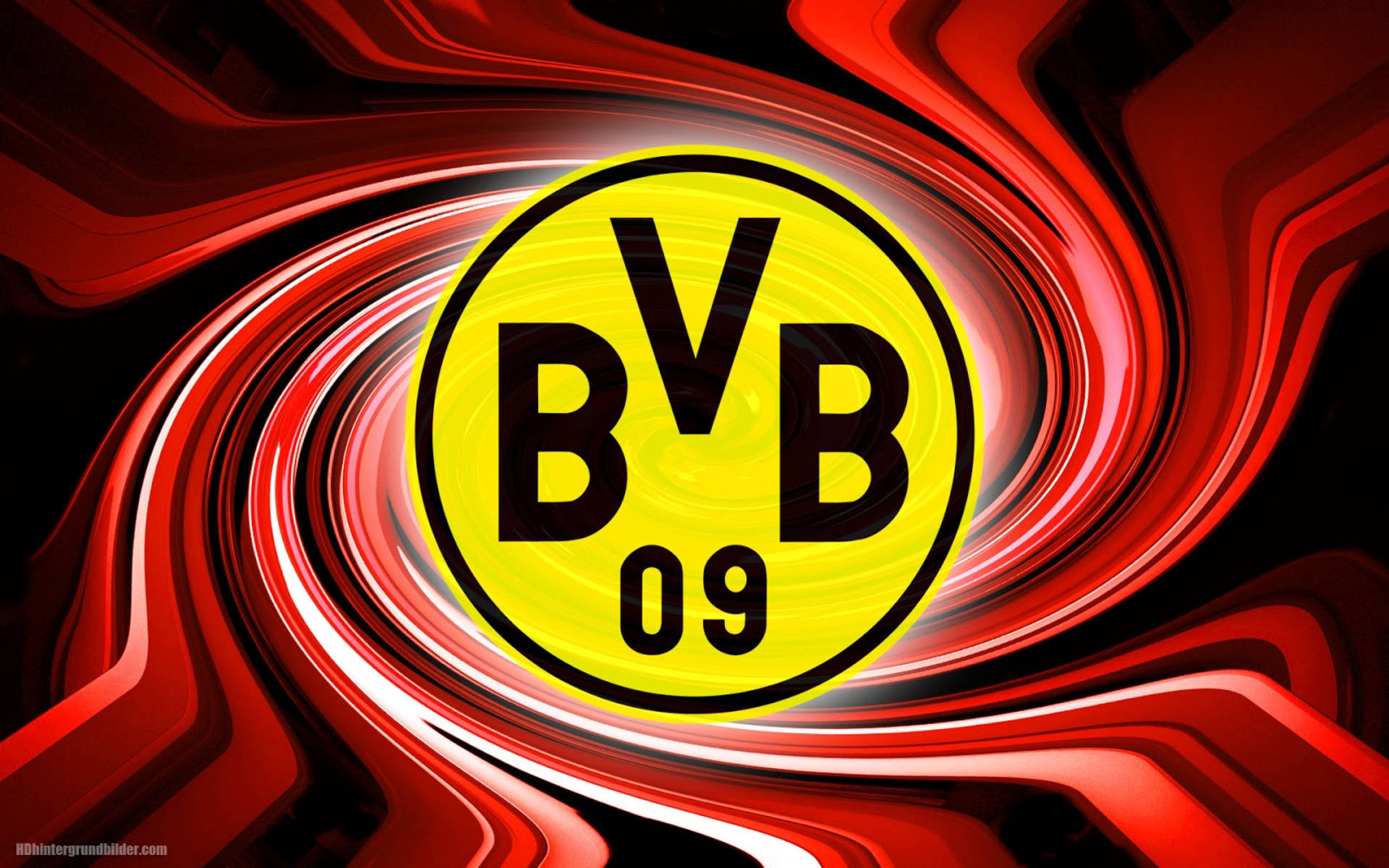 多特蒙德紅色壁紙 壁紙 — BVB 09 足球會標誌居中於紅、白、黑抽象動態漩渦中。
