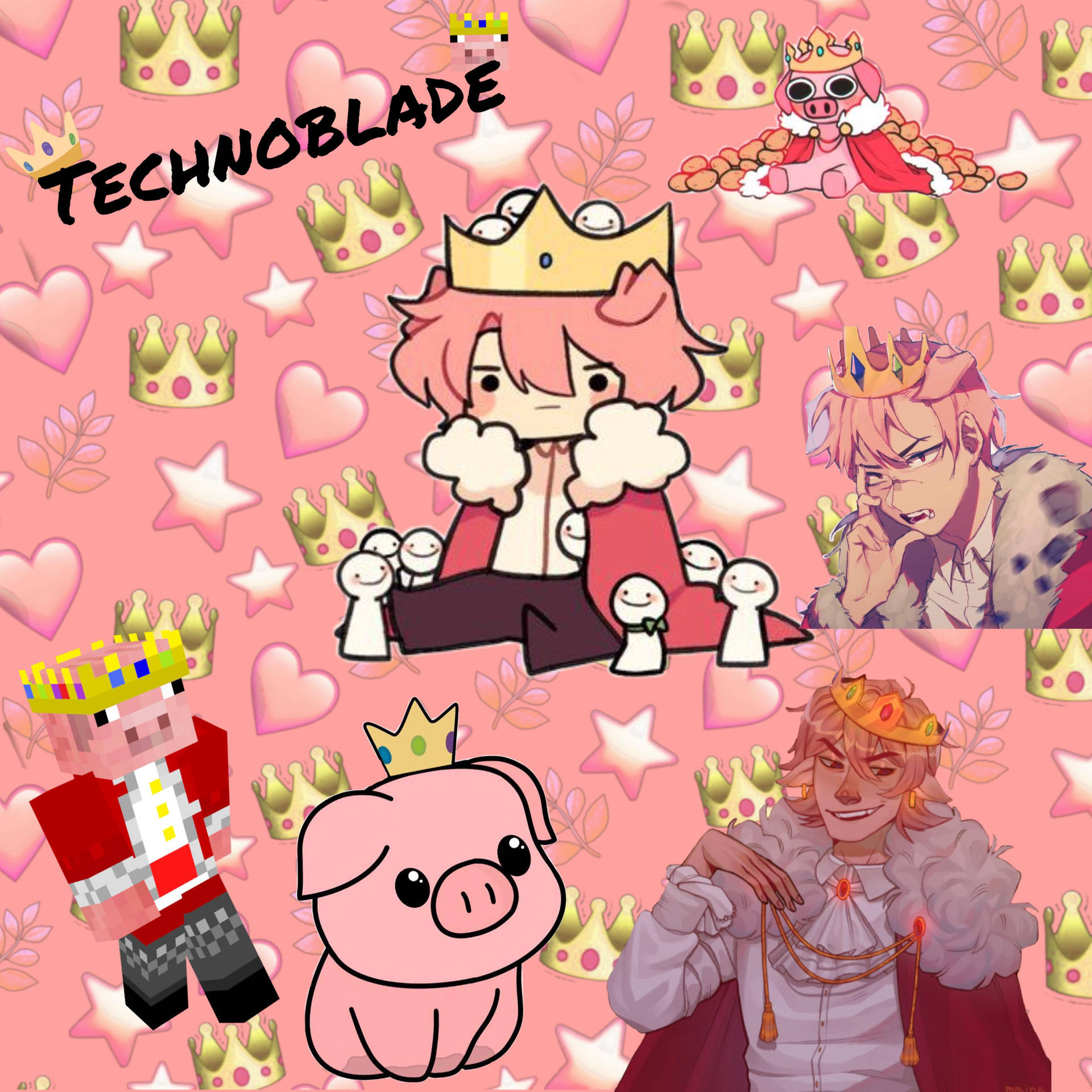 Technoblade 和 Minecraft 角色穿著皇家服飾，在粉紅色背景上，有皇冠、心形和星星。 — Technoblade GIF 壁紙
