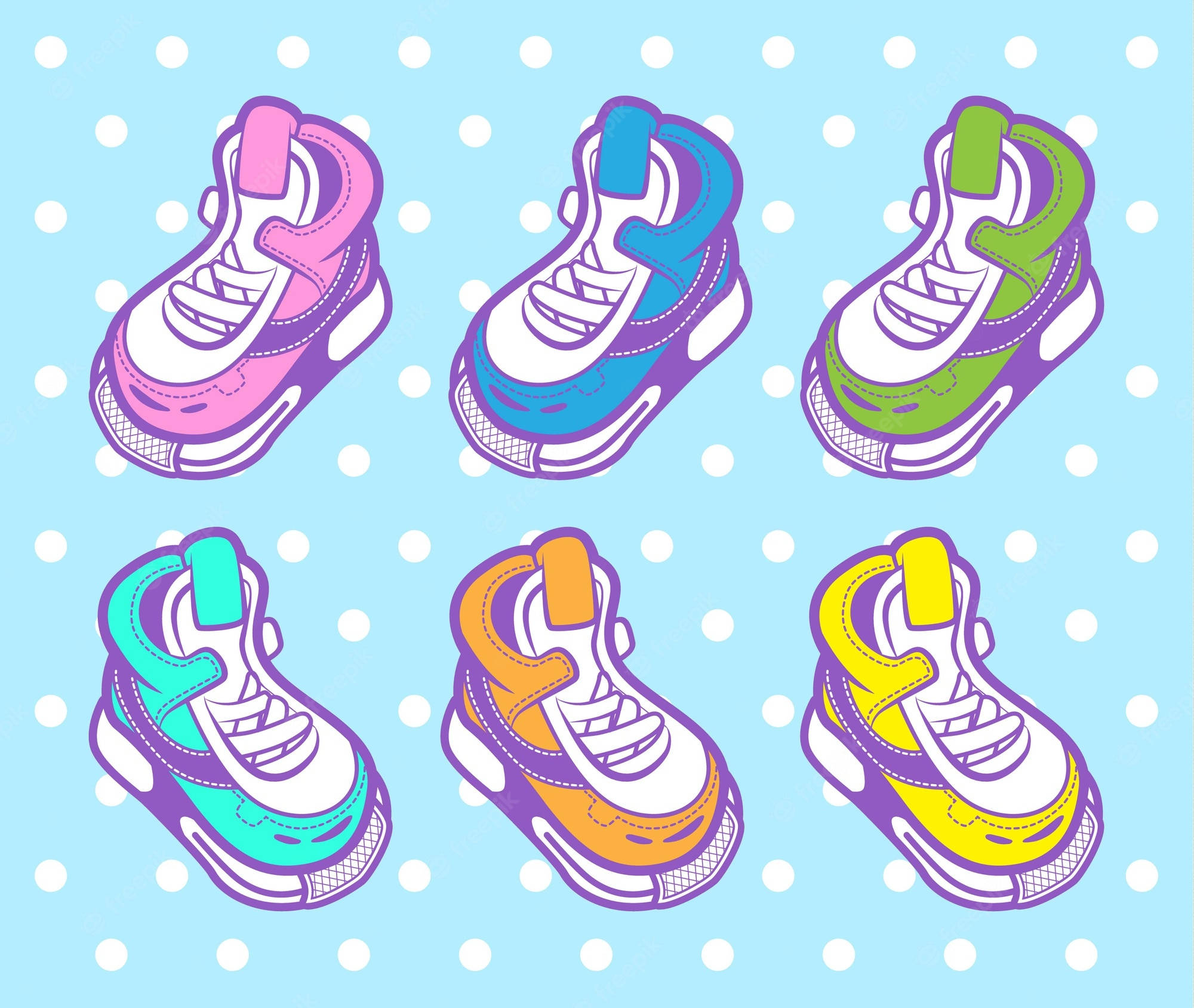多種柔和色調的可愛卡通運動鞋 壁紙 — 六款色彩繽紛的卡通嬰兒運動鞋，以柔和色調排列在淺藍色圓點背景上。