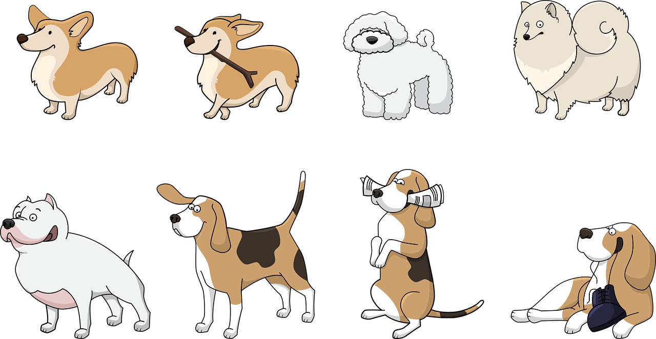 多種犬種插畫 壁紙 — 八隻不同品種的卡通狗站在或坐在黑色背景前，每隻都有獨特的姿勢和蓬鬆或光滑的毛髮。