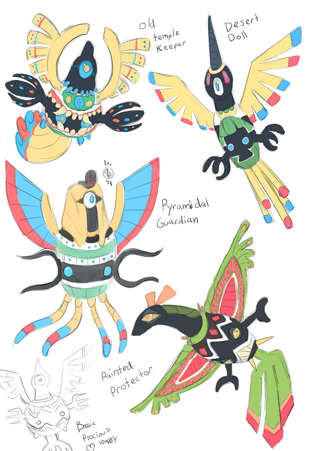 四隻插圖幻想生物，標籤包括 Desert Doll 和 Pyramidal Guardian。