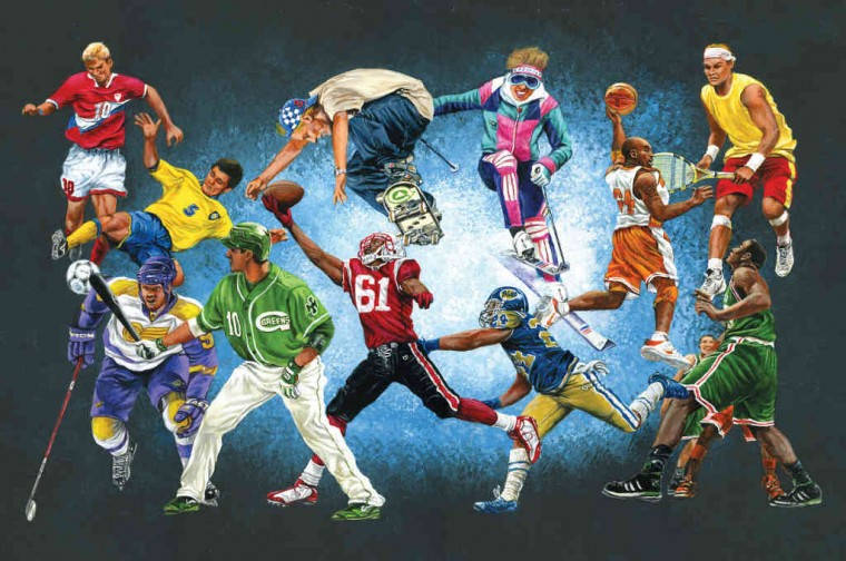 多種運動4K 壁紙 — 動態插圖，描繪來自不同運動項目的運動員在深藍色紋理背景上進行動作。