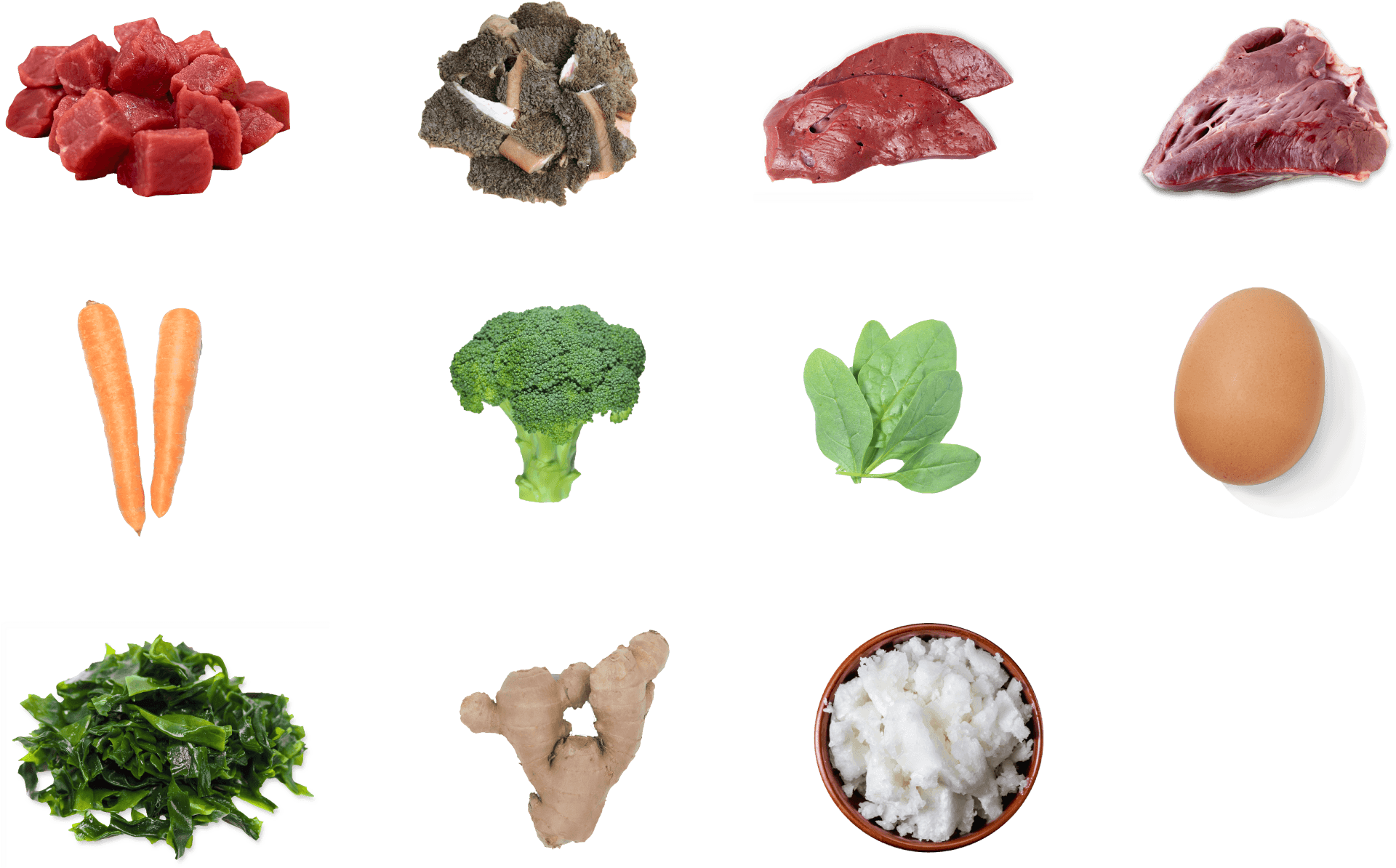 多種食材與西蘭花 壁紙 — 新鮮生食材包括牛肝、紅蘿蔔、西蘭花、菠菜、雞蛋、海藻、薑和米飯，整齊排列在黑色背景上。