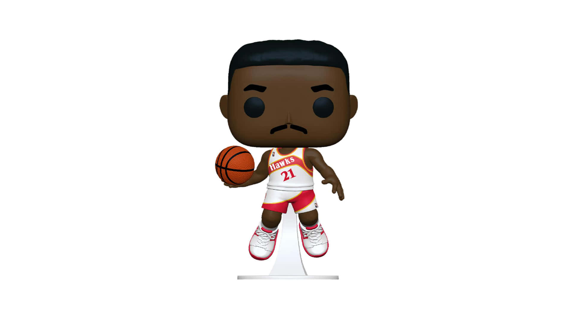 多米尼克·威金斯 Funko Pop! NBA傳奇系列數位藝術 壁紙 — 一個穿著亞特蘭大老鷹隊球衣的籃球運動員Funko Pop公仔，在白色背景前拿著一個球。