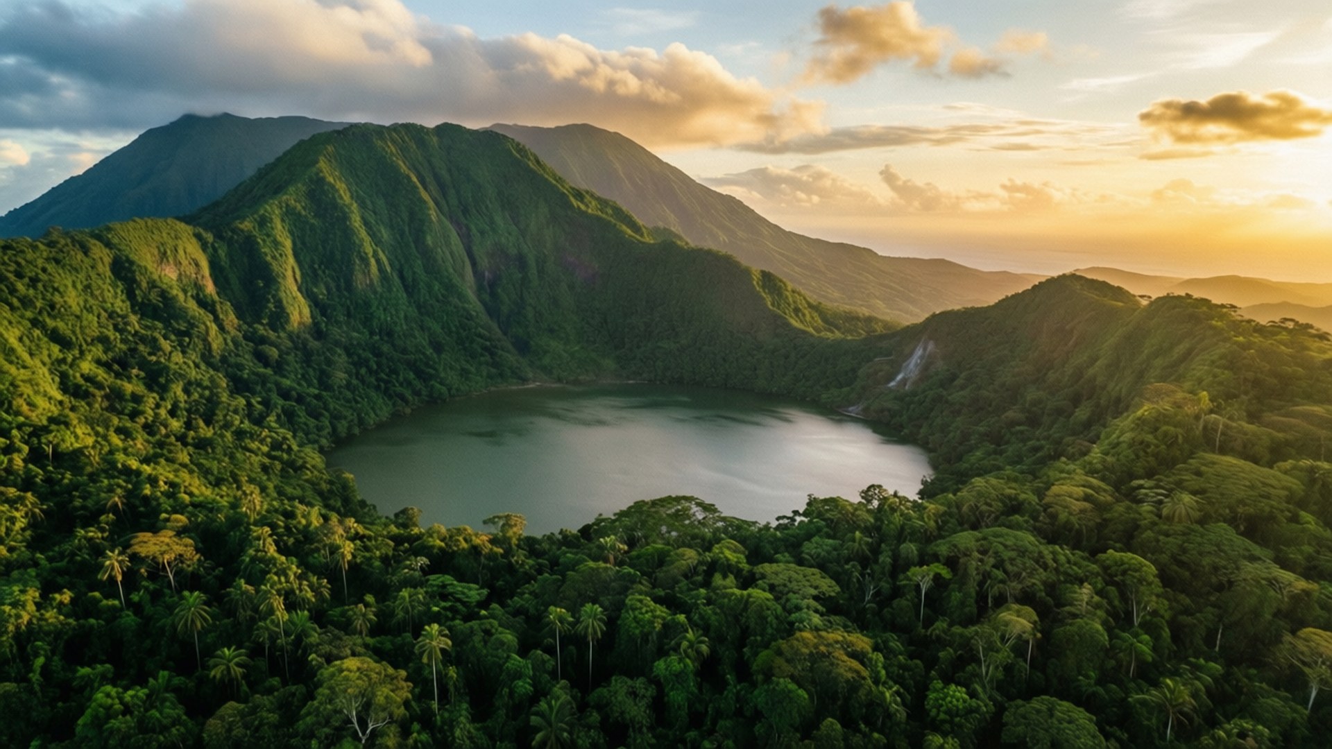多米尼加莫爾內三火山日落 壁紙 — 金色日落時分，翠綠山巒環抱的寧靜火山湖鳥瞰圖。