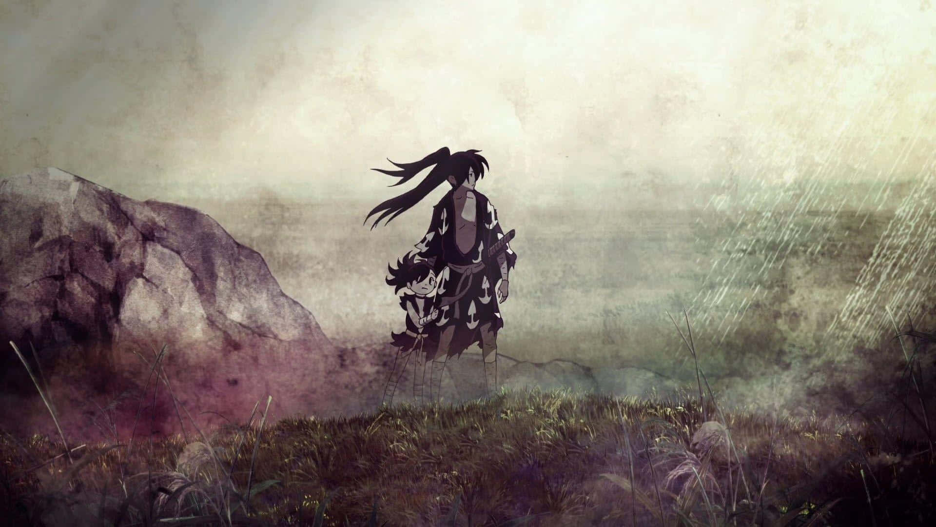 「《多羅羅》中的惡魔巢穴」 壁紙 — 一個孤獨的動漫戰士，長長的黑髮，站在長滿草的山坡上，旁邊有一塊大石頭，天空霧濛濛，有雨絲。