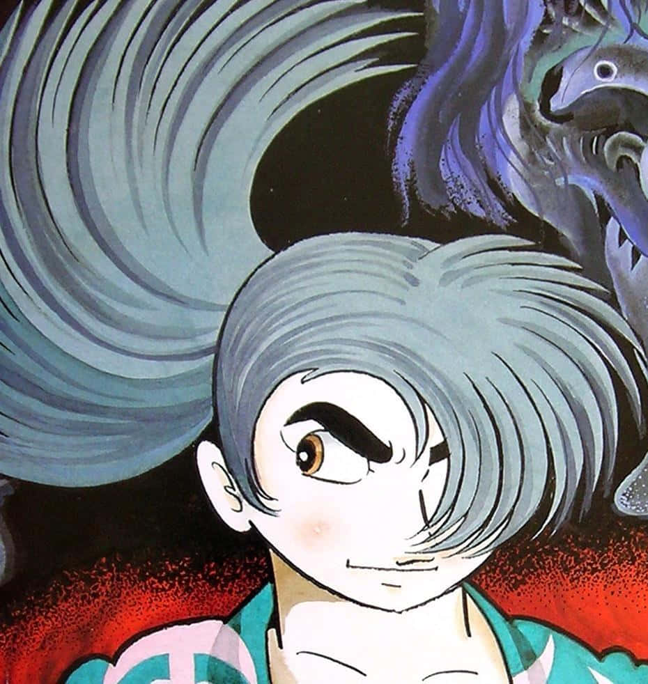 「《多羅羅》中的血腥武士戰爭與神秘力量」 壁紙 — 一個堅定的動漫女孩，灰色頭髮和棕色眼睛，直視前方，一隻巨大的藍色怪物在她身後若隱若現，背景是旋轉的紅色和黑色。