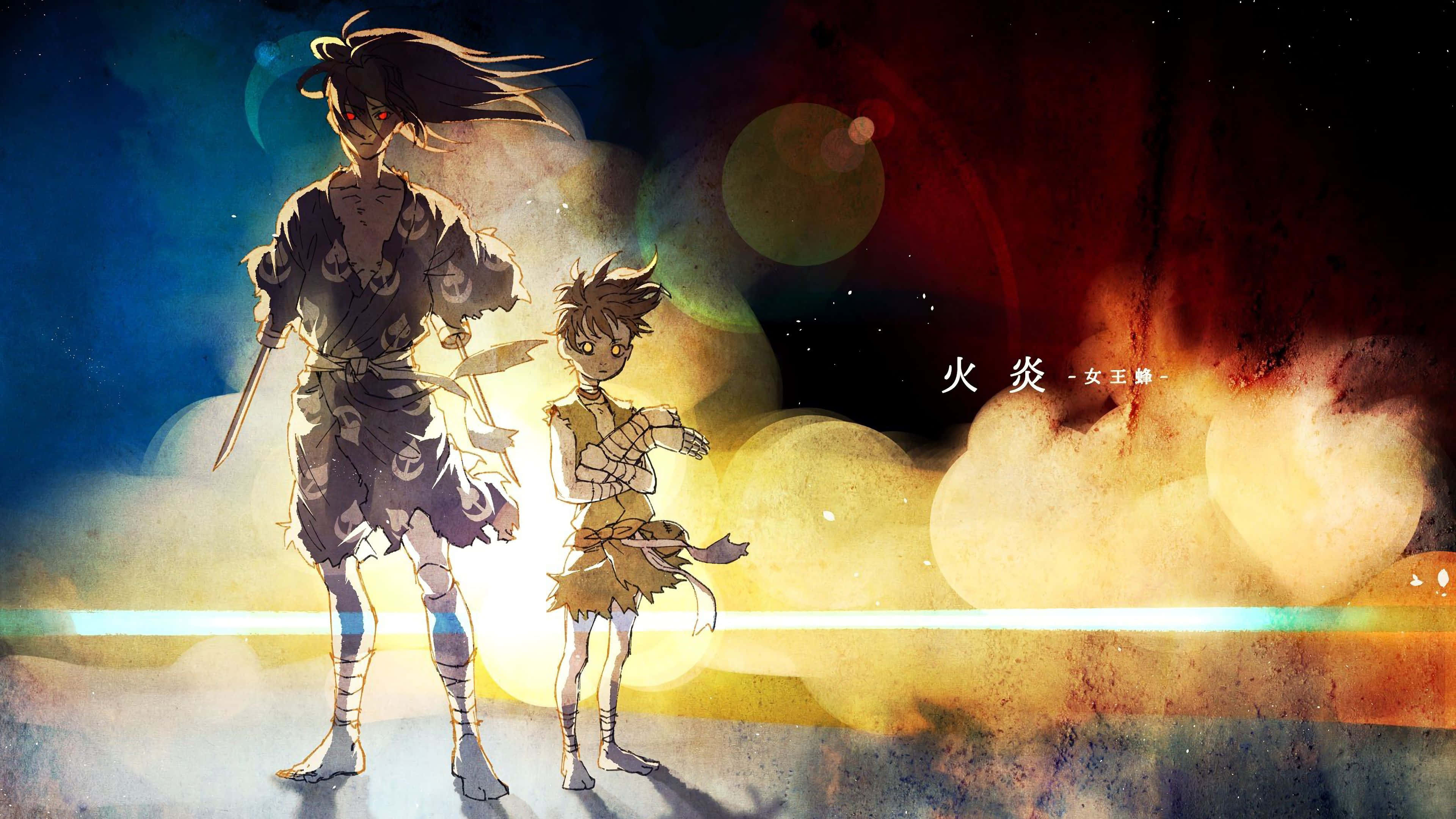 《多羅羅》主角百鬼丸，手持武士刀與手裏劍，準備迎戰惡魔 壁紙 — 兩位動漫戰士在發光球體的逆光下，站在帶有火紅和冷藍色調的宇宙天空前。